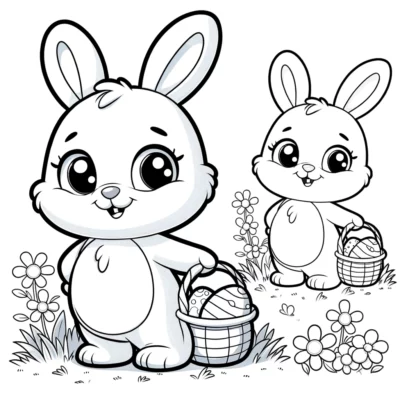 Dibujo para colorear de conejito de Pascua con cesta de huevos.