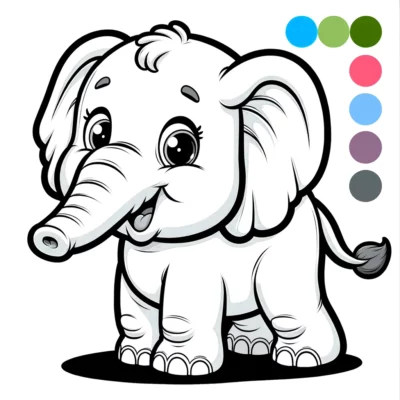 A cartoon elephant coloring page with different colors.