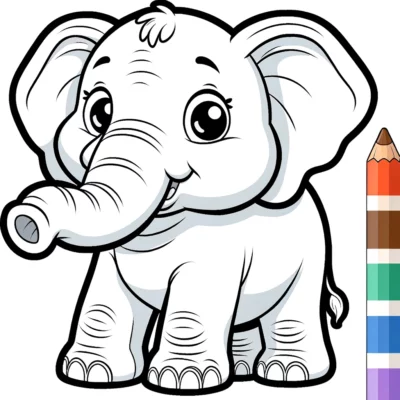 An elephant coloring page with a pencil.