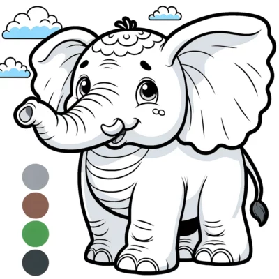 A cartoon elephant coloring page with different colors.