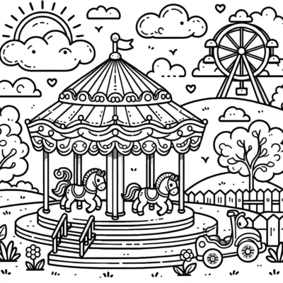 Black and white illustration of a whimsical amusement park scene featuring a carousel, ferris wheel, and train ride.