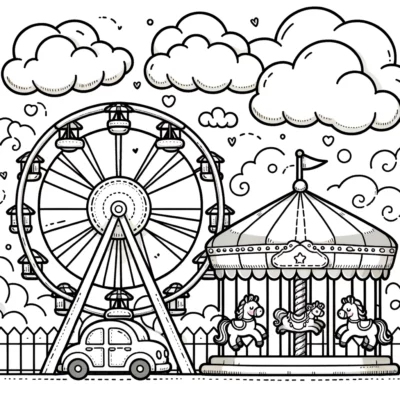 Black and white coloring page featuring a ferris wheel, carousel, and a car with clouds and hearts above.