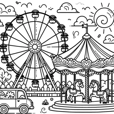 Black and white illustration of a ferris wheel and carousel at an amusement park with a classic car in the foreground.