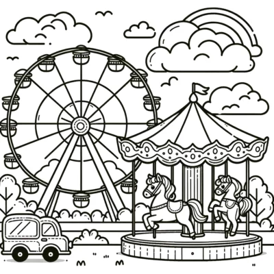 Schwarz-weiße Illustration eines Vergnügungsparks mit Riesenrad, Karussell und Imbisswagen unter einem bewölkten Himmel mit einem Regenbogen.