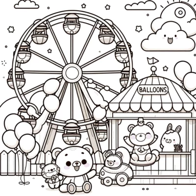 A black and white coloring page depicting a whimsical amusement park scene with a ferris wheel, balloon stand, and cute animal characters holding balloons.