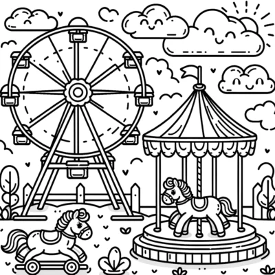 Black and white line drawing of an amusement park scene featuring a ferris wheel and a carousel with horses.