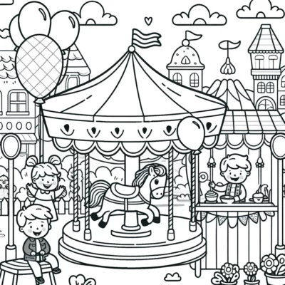 Ilustración en blanco y negro de niños disfrutando de un carrusel y un puesto de comida en un parque de diversiones.