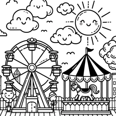Black and white illustration of an amusement park scene with a ferris wheel, carousel, and smiling clouds and sun.