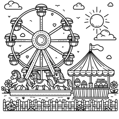 Black and white illustration of an amusement park scene with a ferris wheel, carousel, snack stand, and decorative elements such as clouds and a sun.