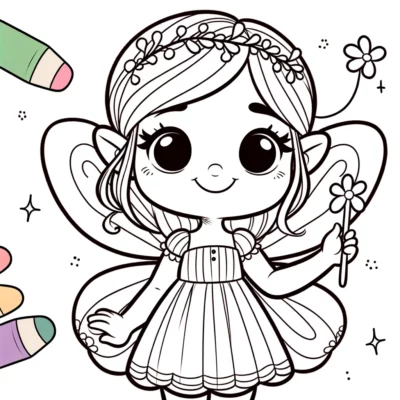 A fairy coloring page with crayons and a flower.
