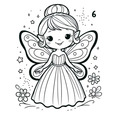 A fairy coloring page with a girl in a dress.
