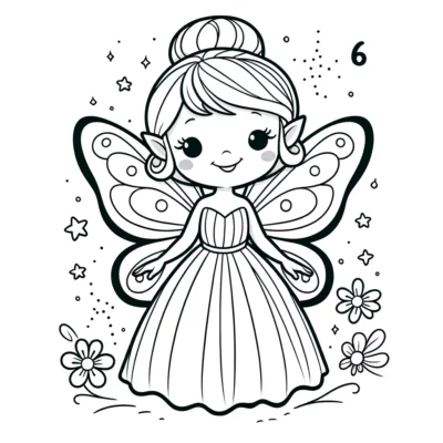 Un dibujo para colorear de hadas con una niña con un vestido.