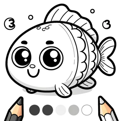 A cartoon fish coloring page with pencils and crayons.