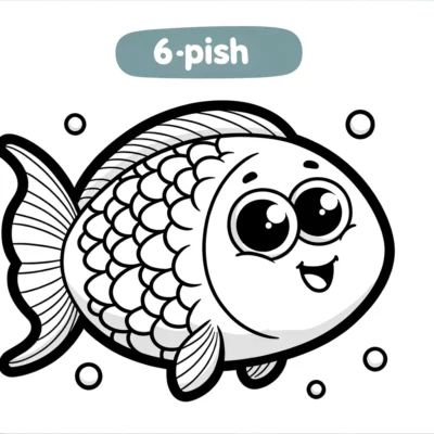 A cartoon fish coloring page with the words 6 pish.