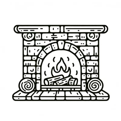 A black and white illustration of a fireplace.