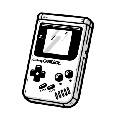 A black and white drawing of a game boy.