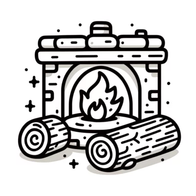 A black and white illustration of a fireplace and logs.