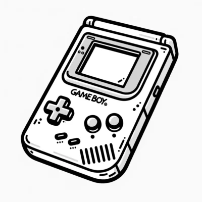 A black and white drawing of a gameboy.