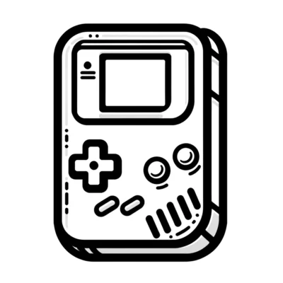 A black and white illustration of a game console.