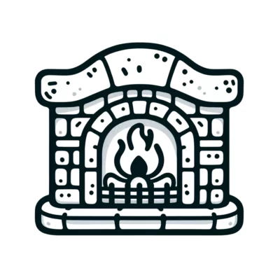 A fireplace icon in black and white on a white background.