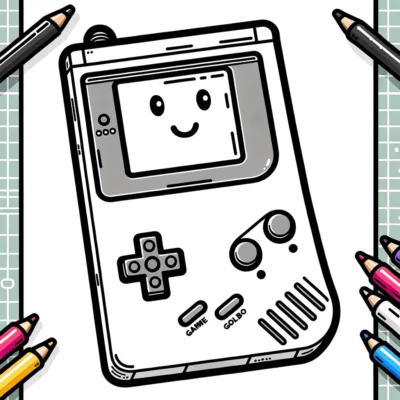 A gameboy coloring page with colored pencils.