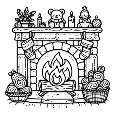 A christmas coloring page with a fireplace and teddy bears.