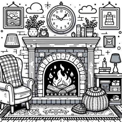 A black and white drawing of a fireplace.