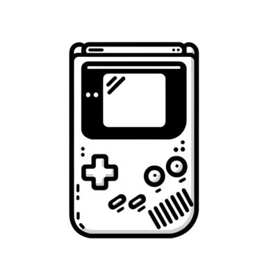 Un icono de gameboy en blanco y negro sobre un fondo blanco.