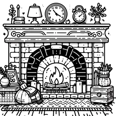 A black and white drawing of a fireplace.