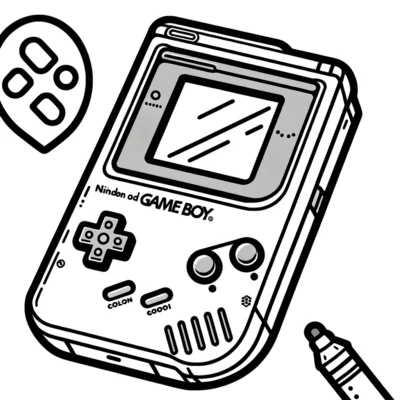 Una ilustración en blanco y negro de una consola de juegos portátil.