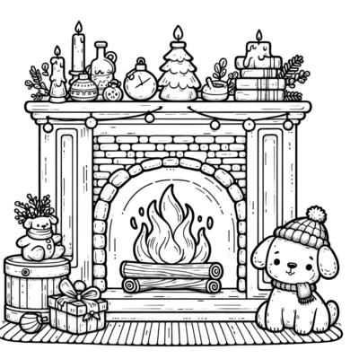 A christmas coloring page with a dog in front of a fireplace.