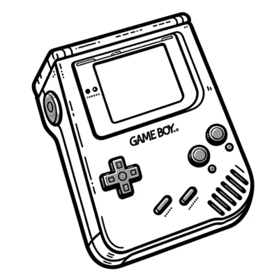 A black and white drawing of a gameboy.