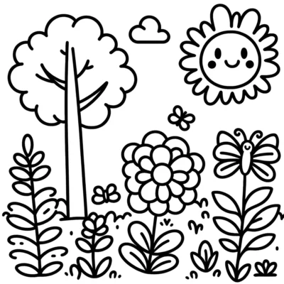 A black and white drawing of a garden with flowers and a sun.