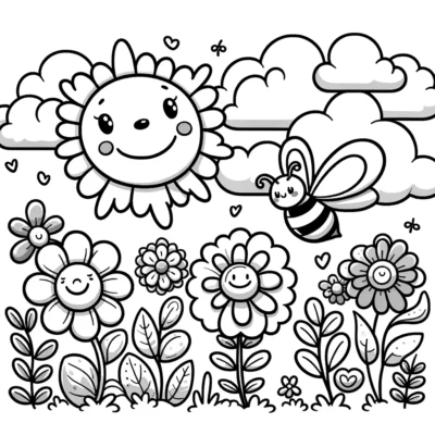 A black and white coloring page with flowers and a bee.