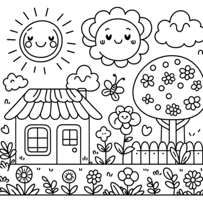 A coloring page with a house and flowers.
