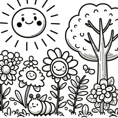 A black and white drawing of a garden with flowers and a sun.