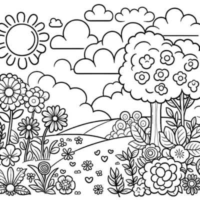 A black and white coloring page with flowers and trees.