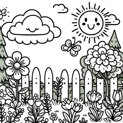 A coloring page with flowers and a fence.