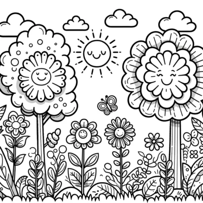 A black and white drawing of flowers and plants.
