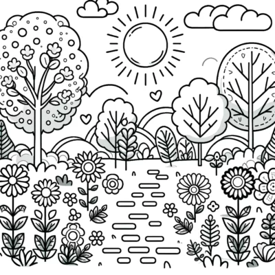 A black and white drawing of a garden with trees and flowers.