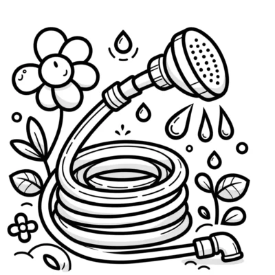 A black and white drawing of a water hose with flowers and leaves.