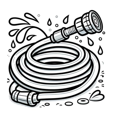 A black and white drawing of a water hose.