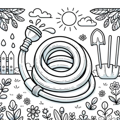 A coloring page with a garden hose and flowers.