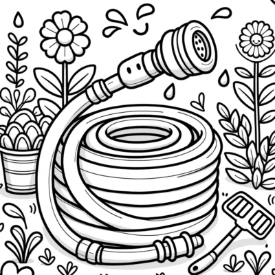 A coloring page with a garden hose and flowers.