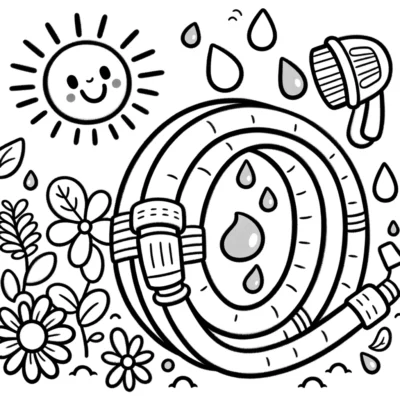 A coloring page with a hose and flowers.