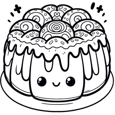 A black and white drawing of a cake.