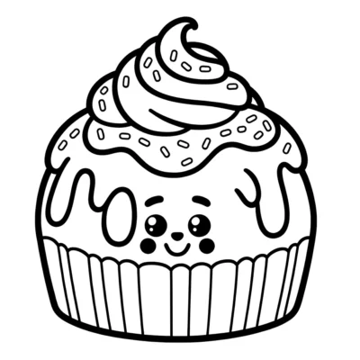 A black and white drawing of a cupcake.