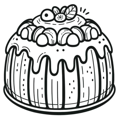 A black and white drawing of a cake.