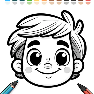 A black and white cartoon illustration of a smiling boy, with coloring pens lined up above.