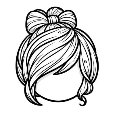 Illustration of a stylized hair bun with flowing strands.